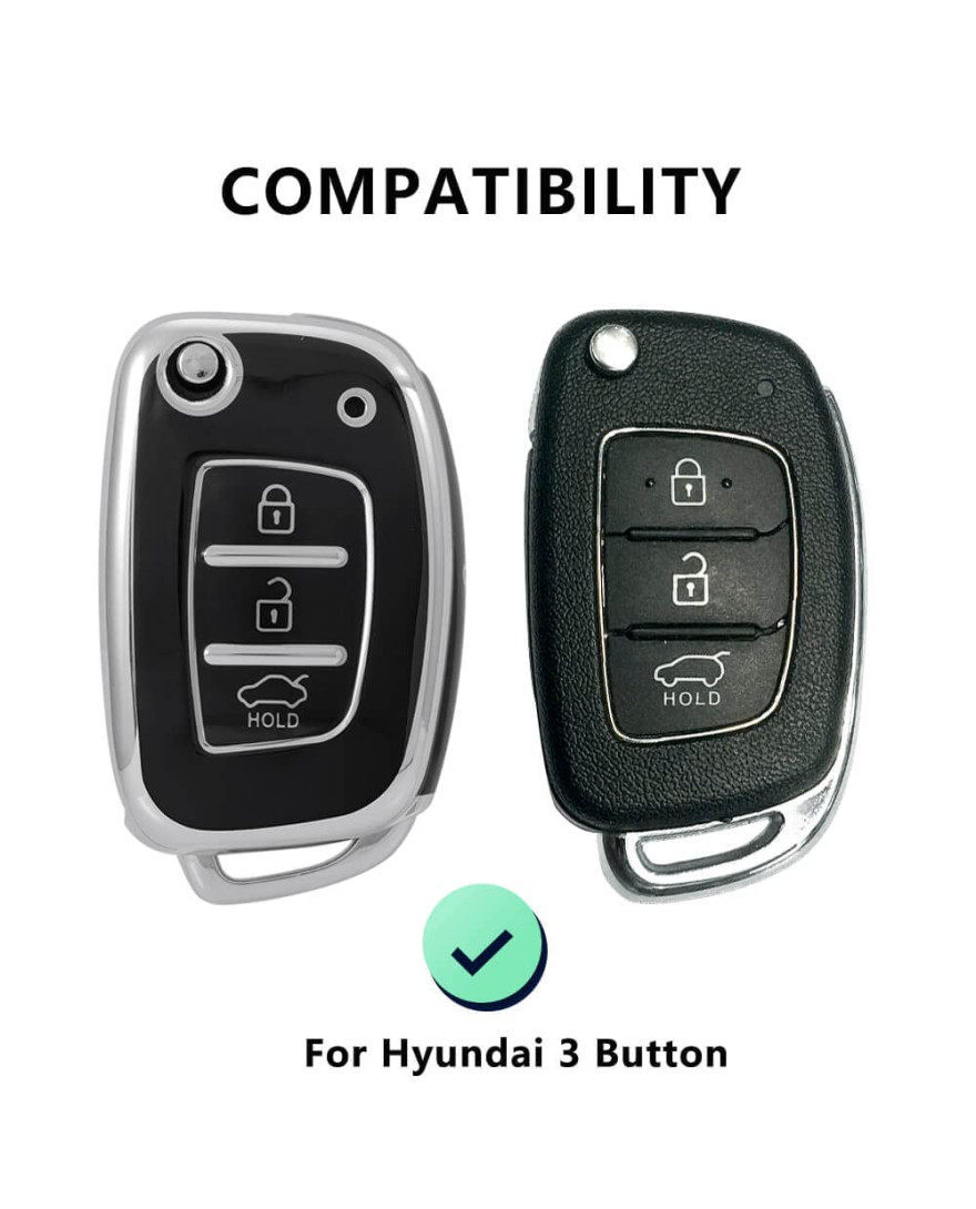 Keycare TPU Key Cover For Hyundai Creta, I20, Venue, Tucson, Alcazar, Grand I10, Aura, Xcent Flip Key | TP10 Silver Black